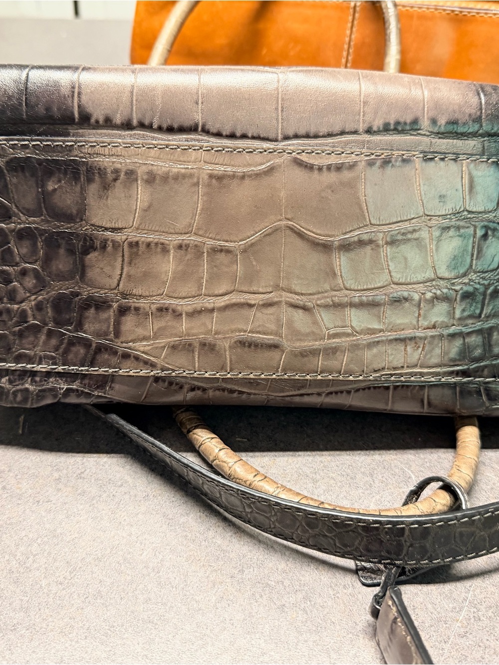 Michael Kors Metallic Croc-Embossed Studded Satchel in Bronze Brown - Picture 5 of 5